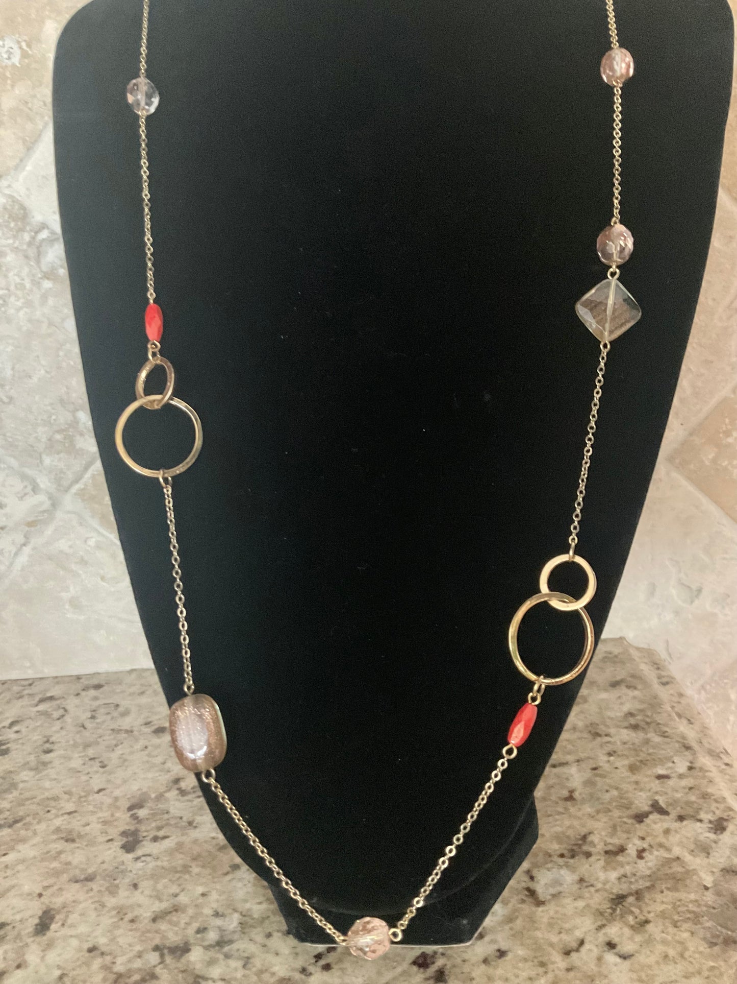 Signed Rachel 36” Gold Tone Circle Glass Bead Necklace
