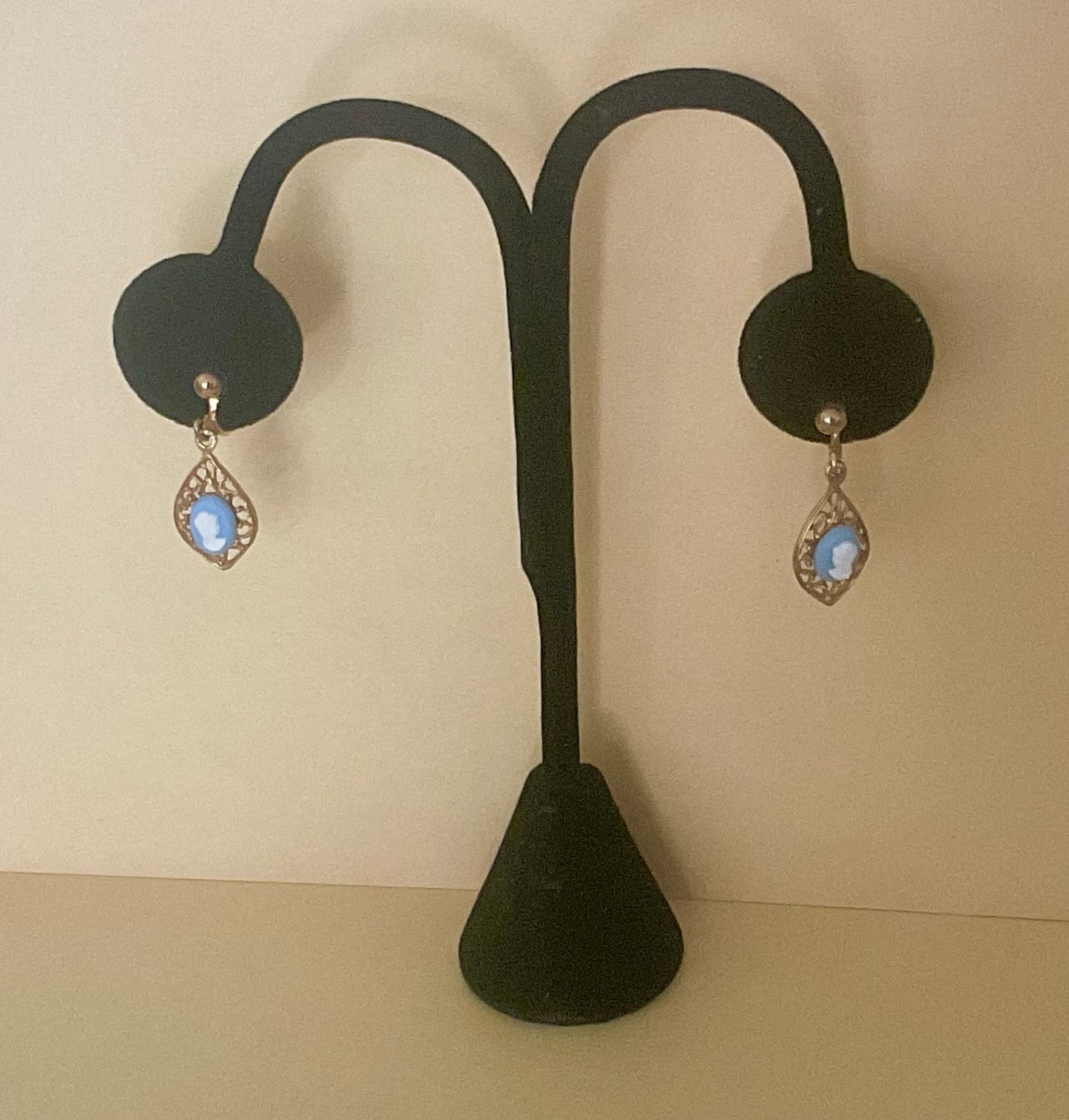 Vintage Clip On Gold & Blue Cameo Earrings