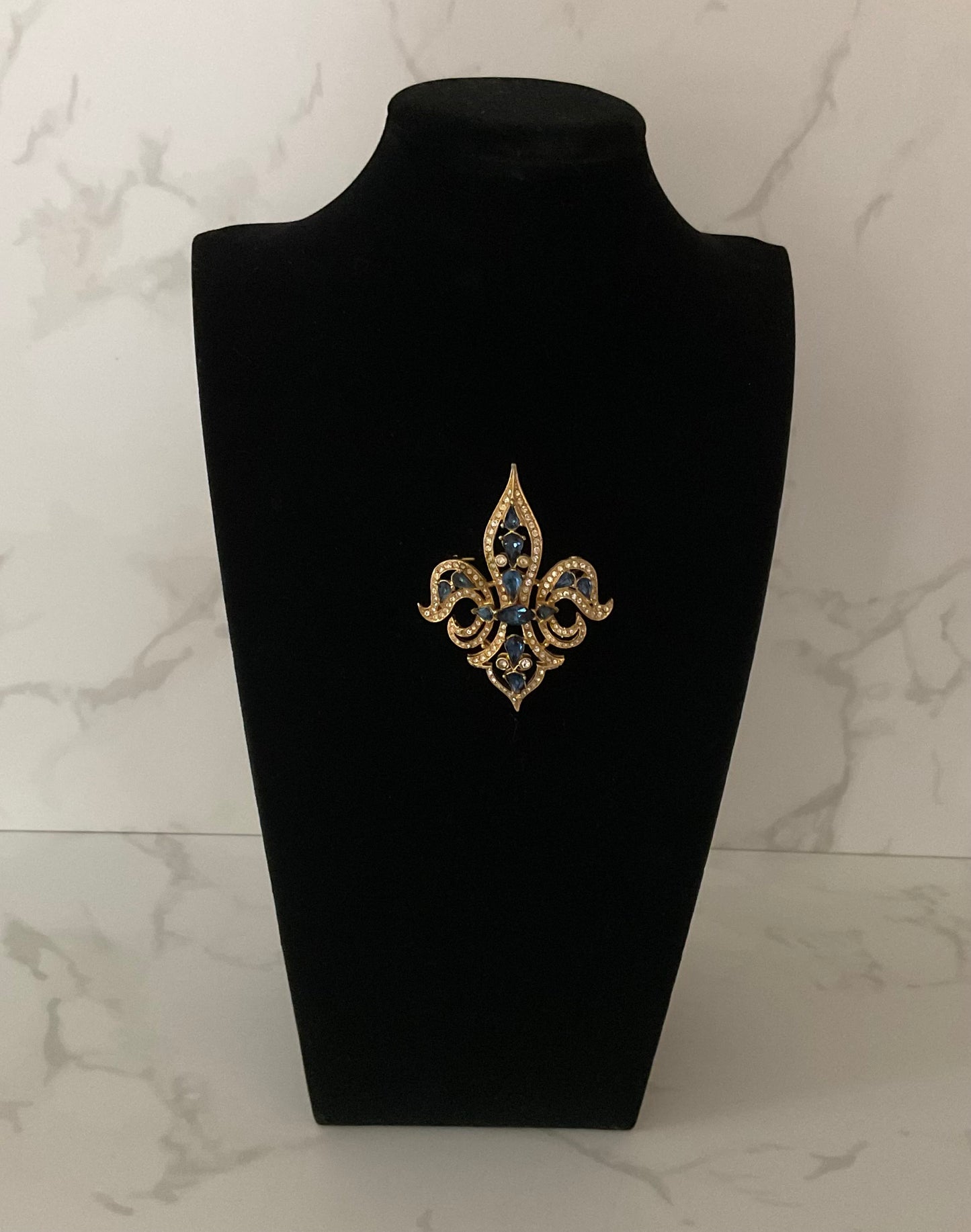Vintage De Nicola Gold Sapphire Rhinestone Statement Brooch
