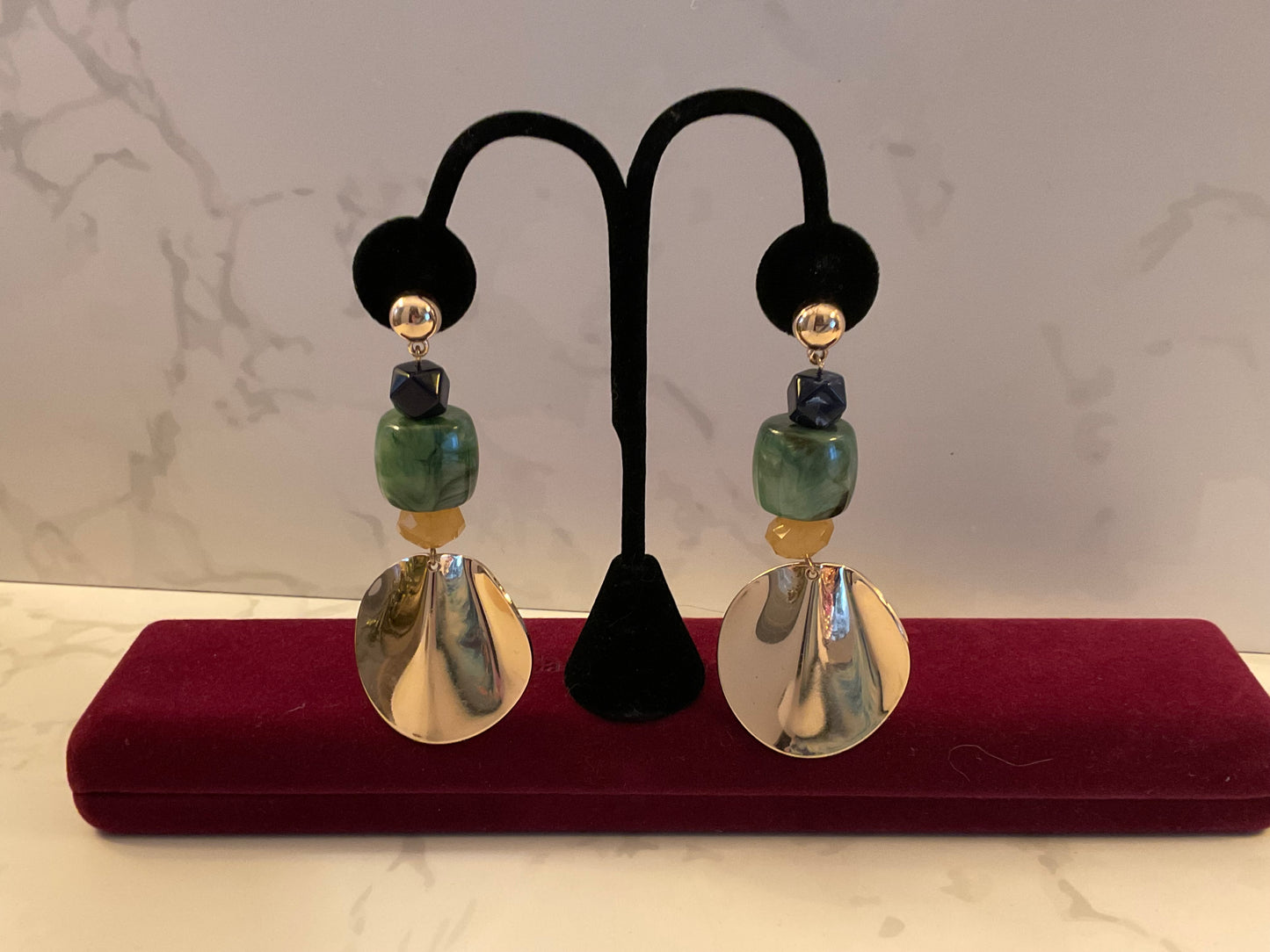 Jade Gold Disc Dangle Bead Earrings