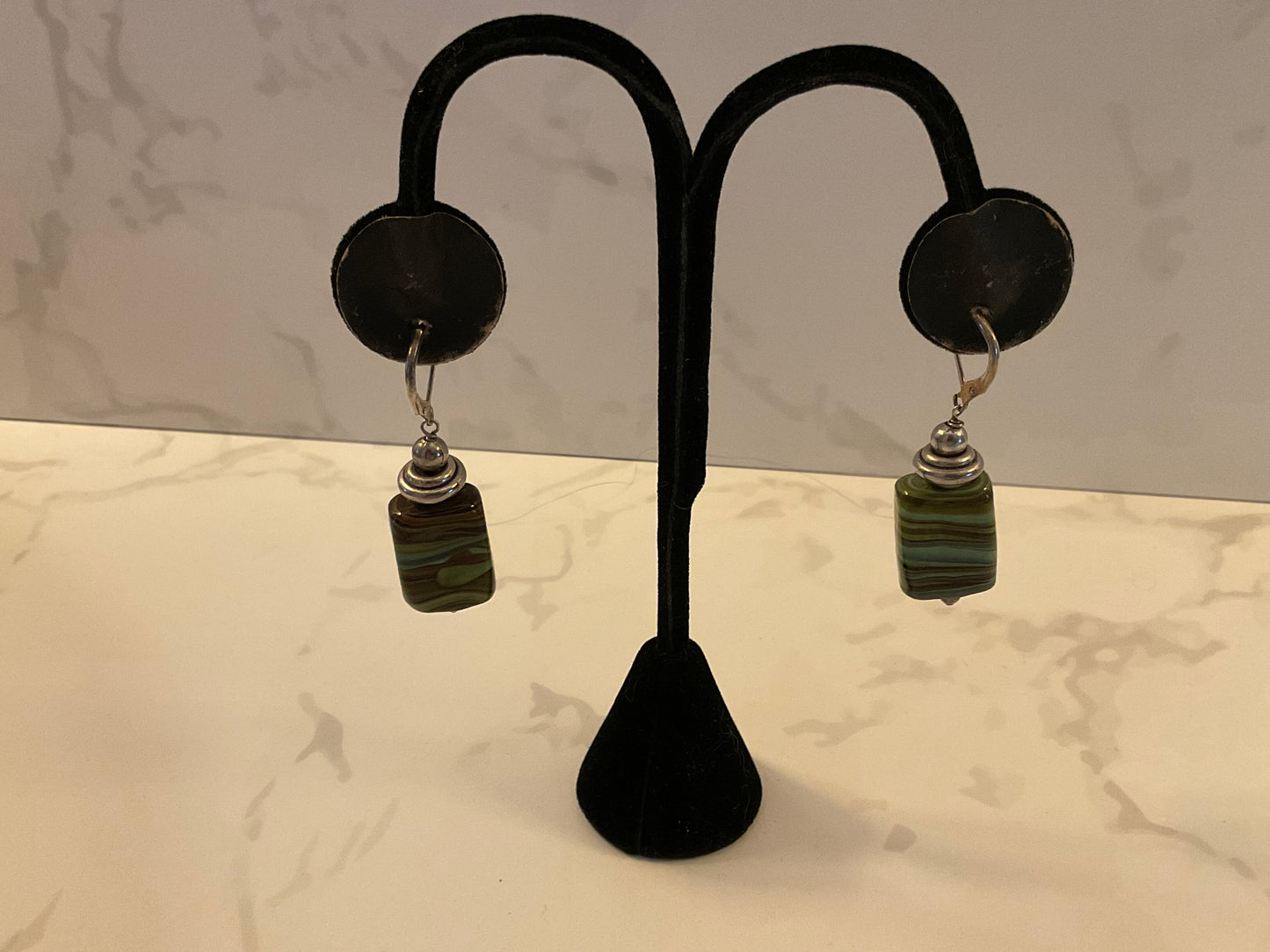 Silver Green Glass Stone Earrings