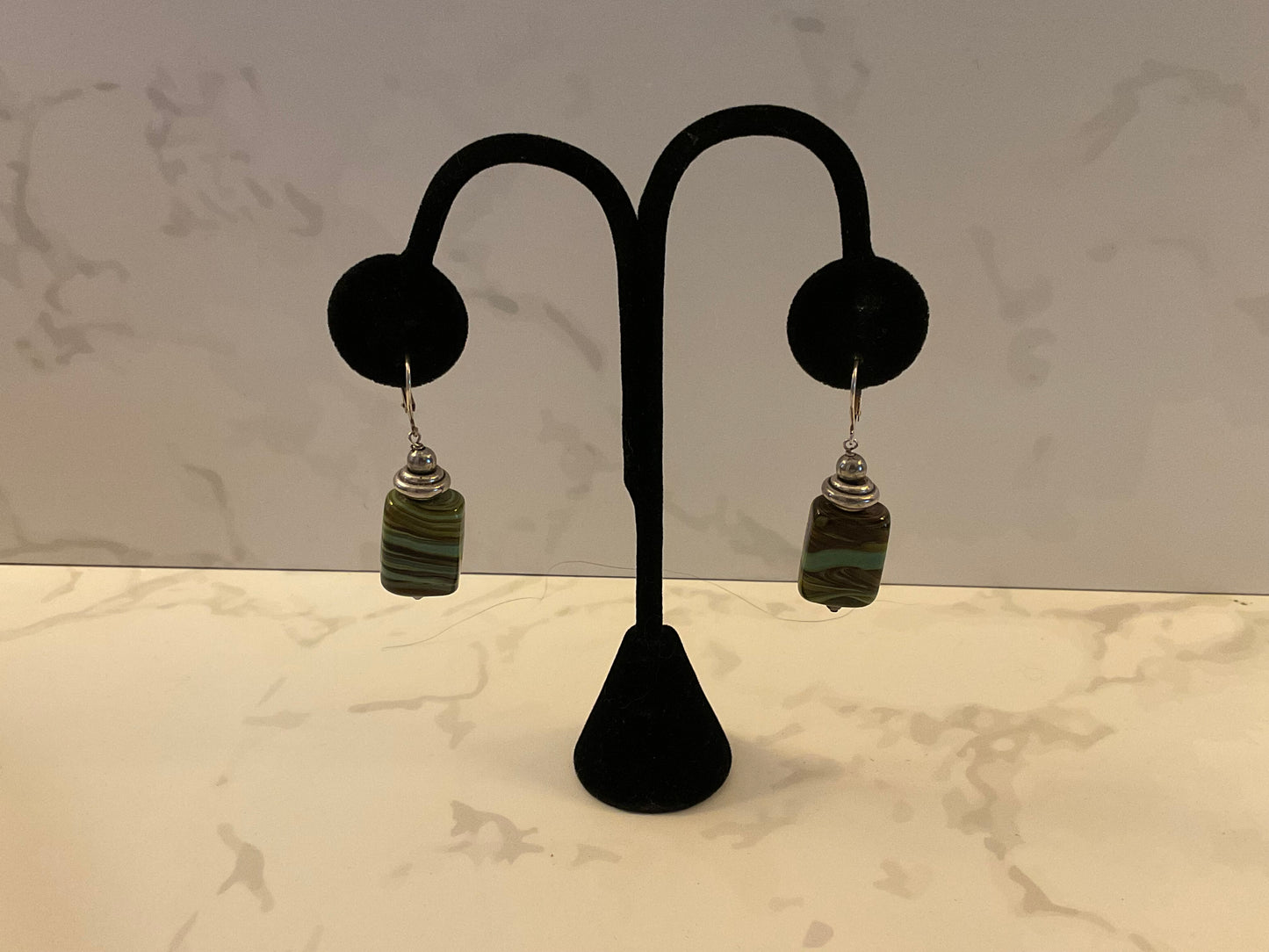 Silver Green Glass Stone Earrings