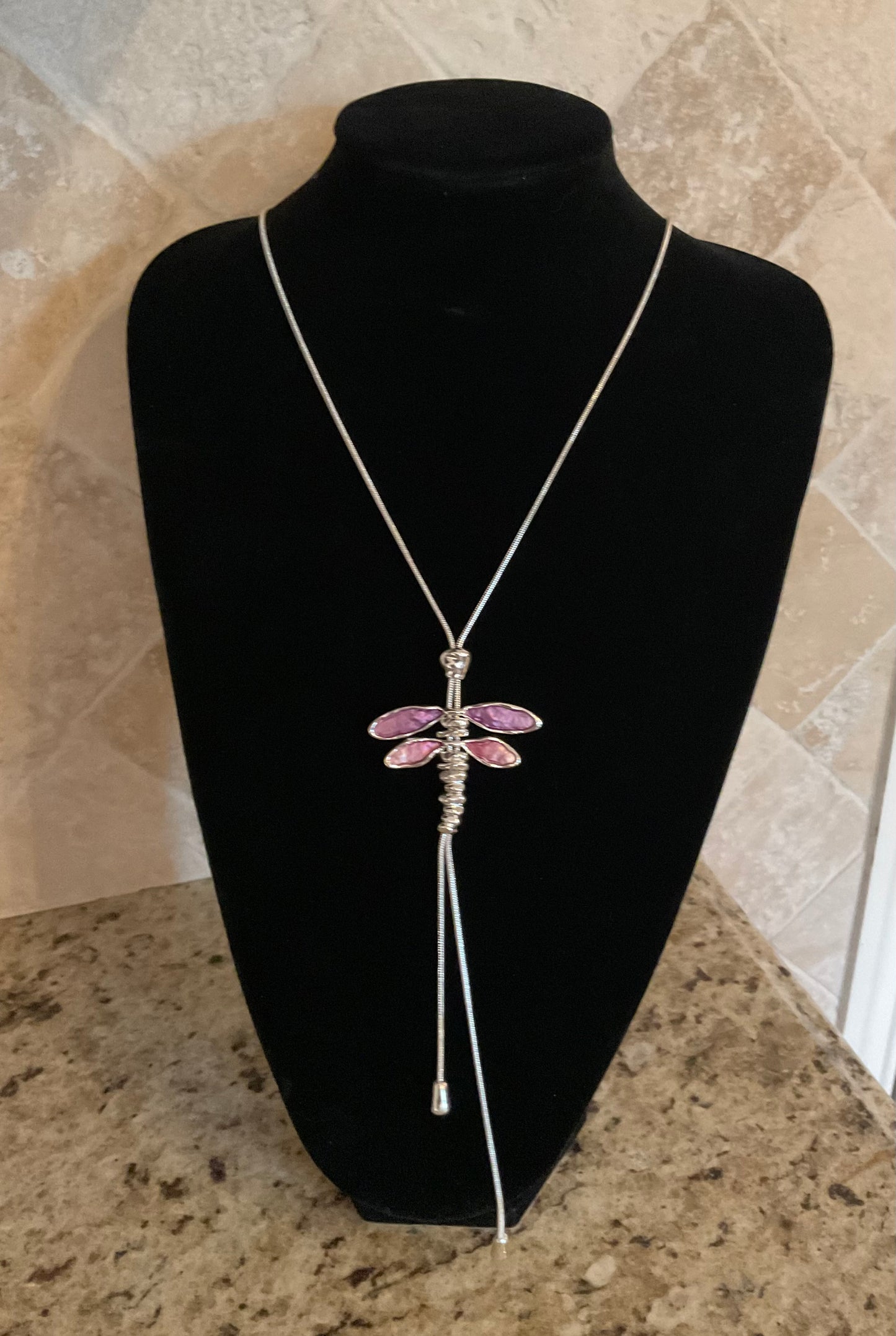 Sliding Pink Dragonfly Silver Necklace NWT