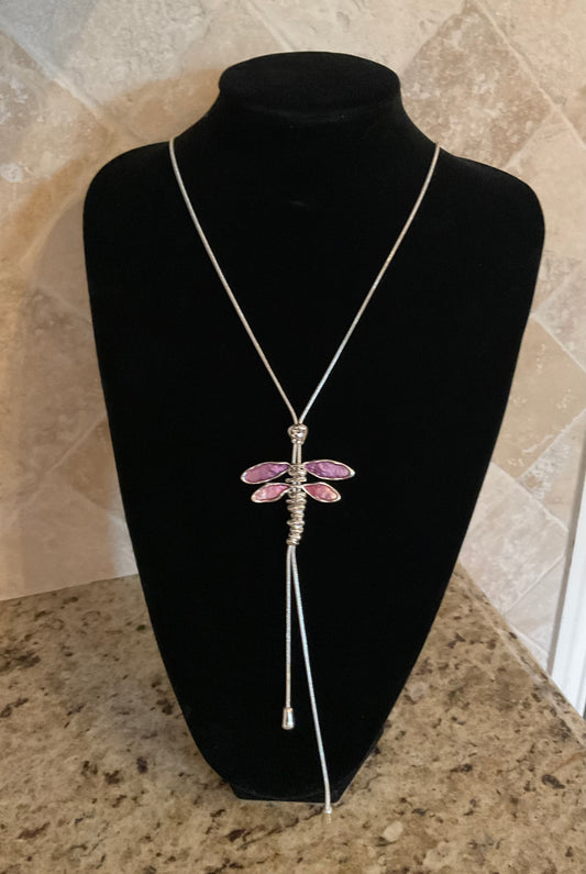Sliding Pink Dragonfly Silver Necklace NWT