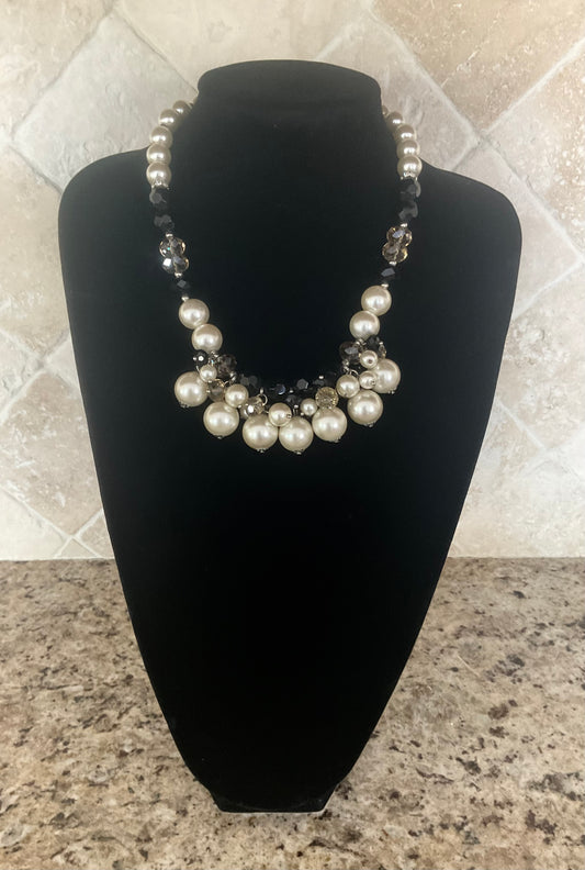 Kissaka White & Black Cluster Pearl Rhinestone Necklace