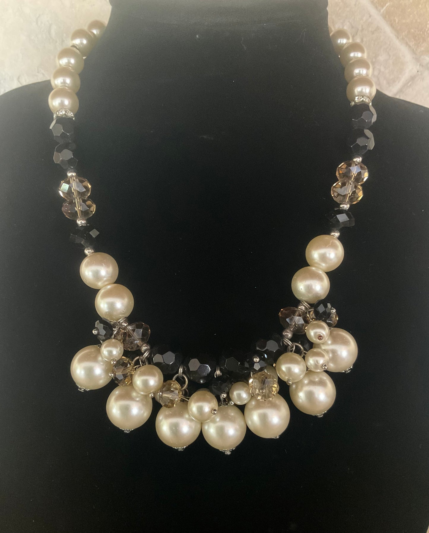 Kissaka White & Black Cluster Pearl Rhinestone Necklace