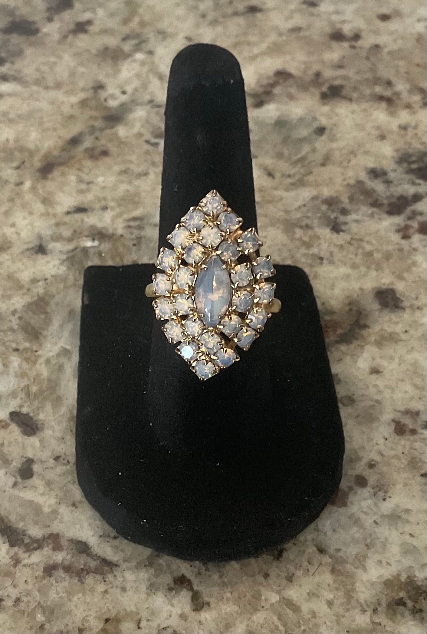 Vintage Sizeable Opal & Rhinestone Crystal Cocktail Ring