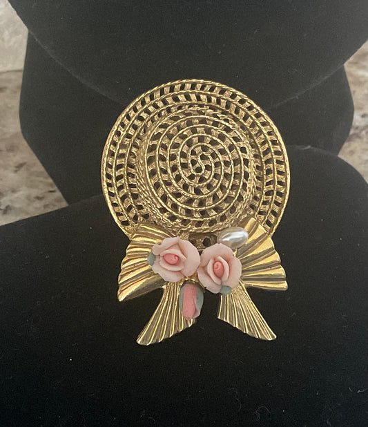 Vintage Gold Tone 1928 Sun Bonnet Hat Flower Pearl Pin Brooch