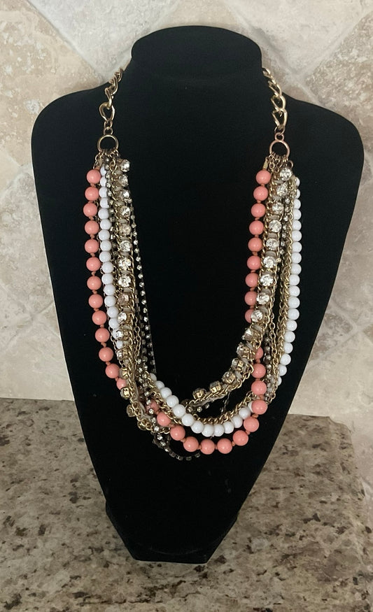 Vintage 8-Strand Rhinestone Coral Statement Necklace