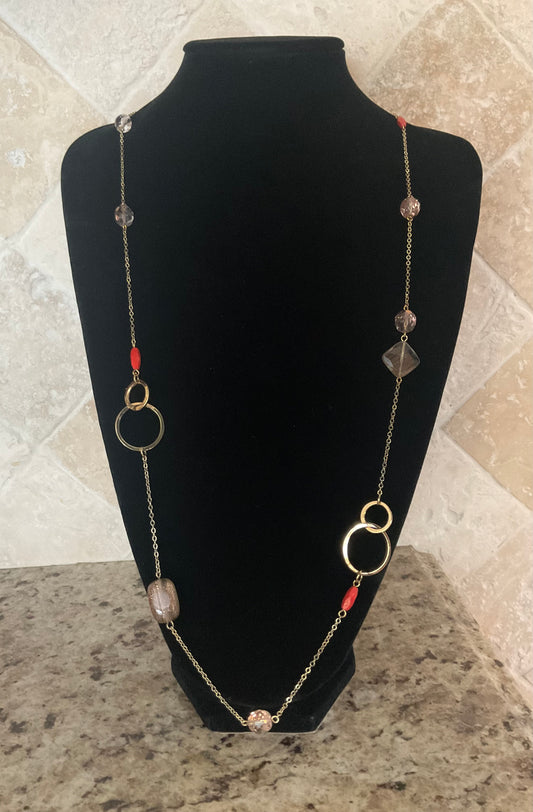 Signed Rachel 36” Gold Tone Circle Glass Bead Necklace