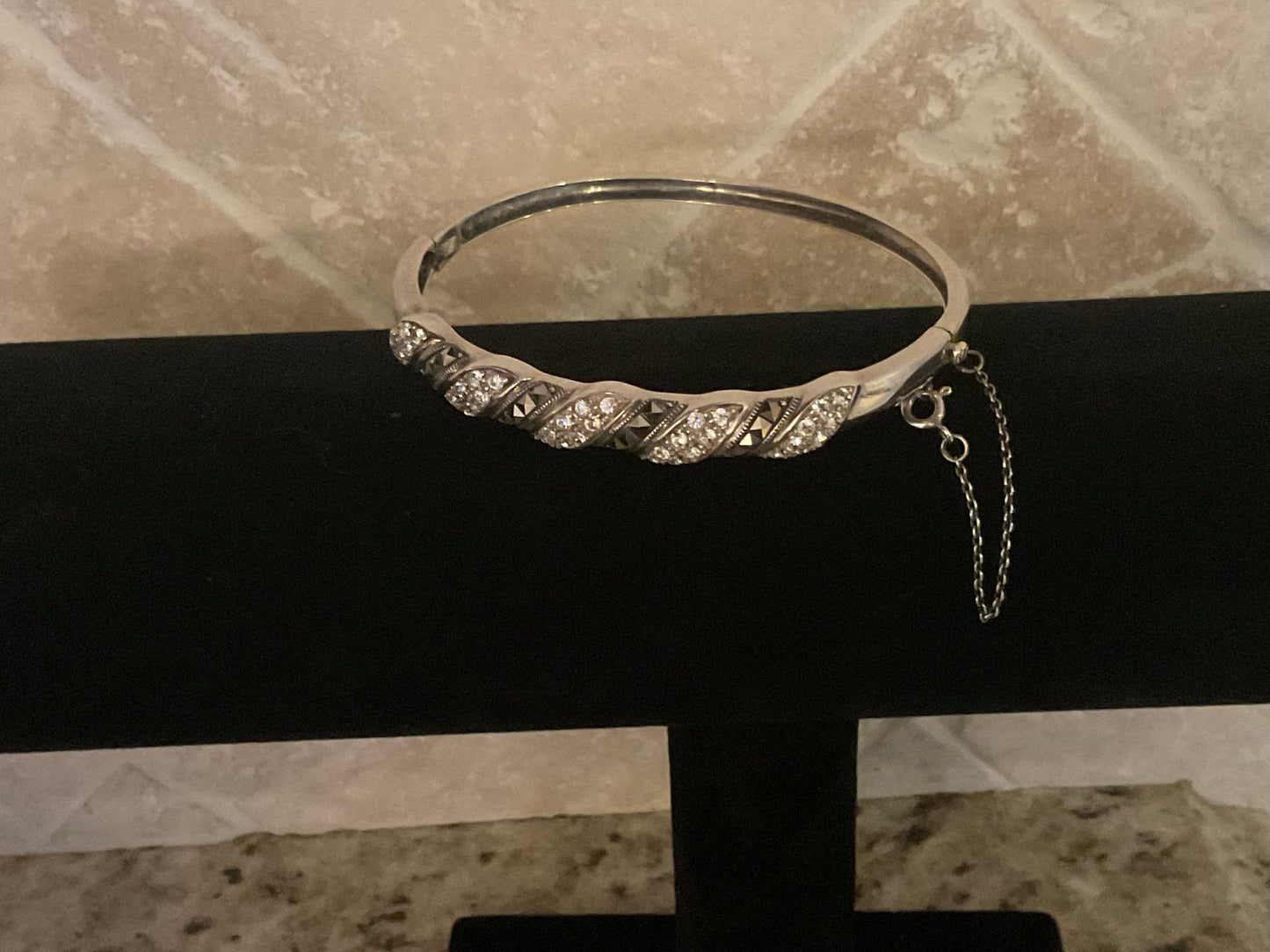Sterling Silver & Marcasite Crystals Bracelet w/Safety Chain