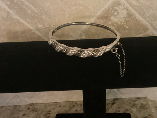 Sterling Silver & Marcasite Crystals Bracelet w/Safety Chain