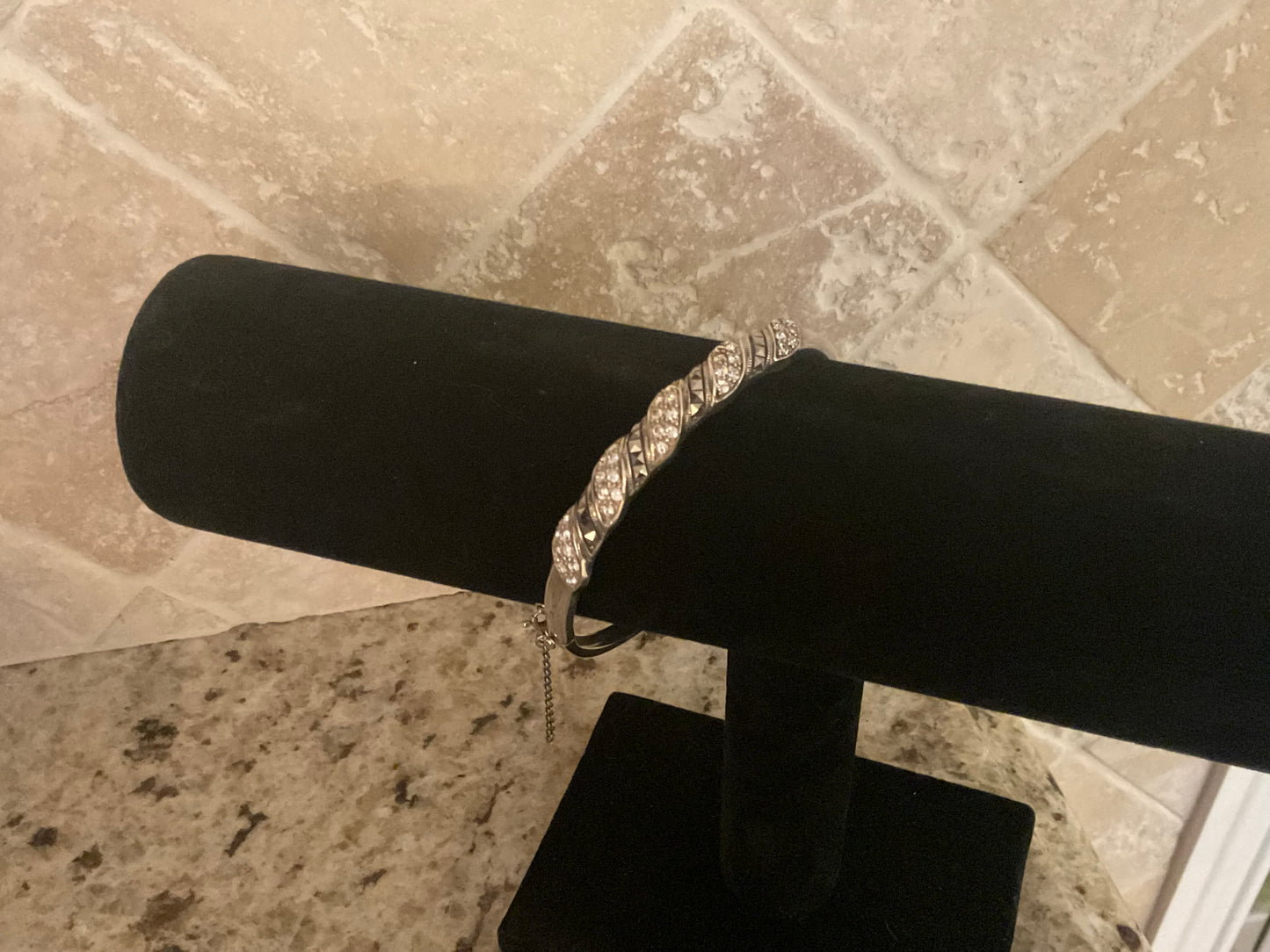 Sterling Silver & Marcasite Crystals Bracelet w/Safety Chain