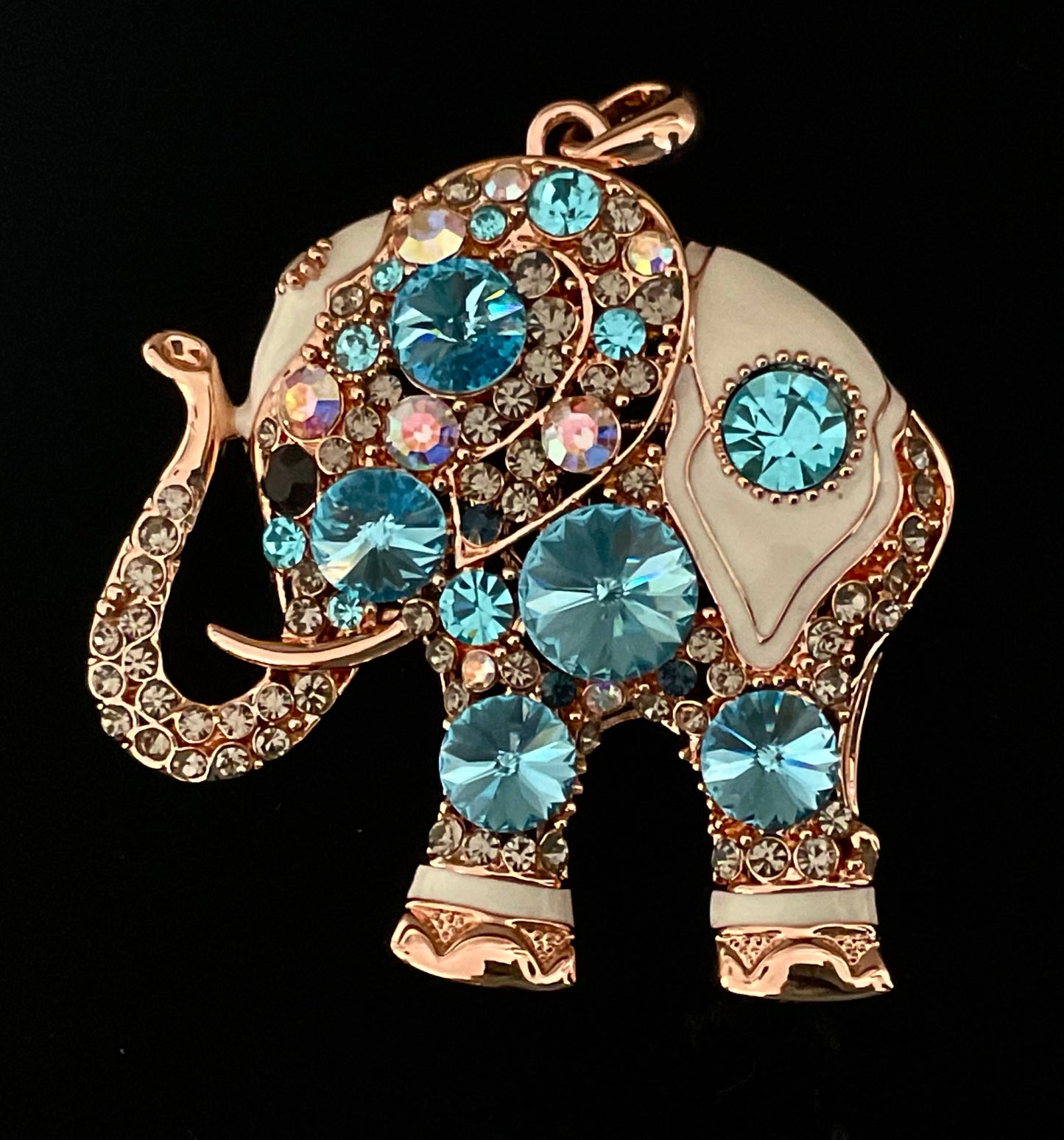 Rose Gold Blue Rhinestone Elephant Pendant