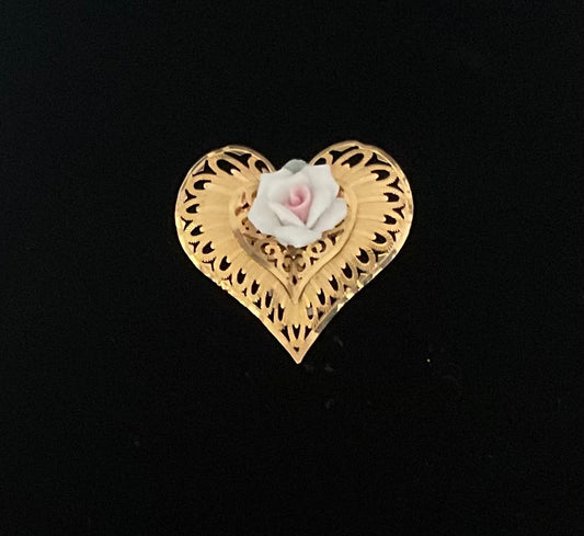 Vintage Victorian Porcelain Rose Gold Heart Brooch