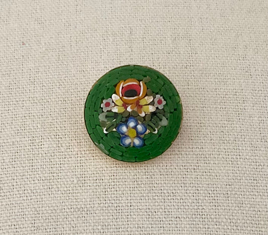 Vintage Italian Micro Mosaic Round Green Handpainted Brooch Pin