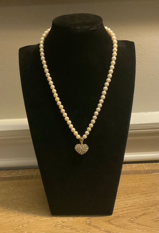 Vintage Monet Pearl Crystal Heart Necklace