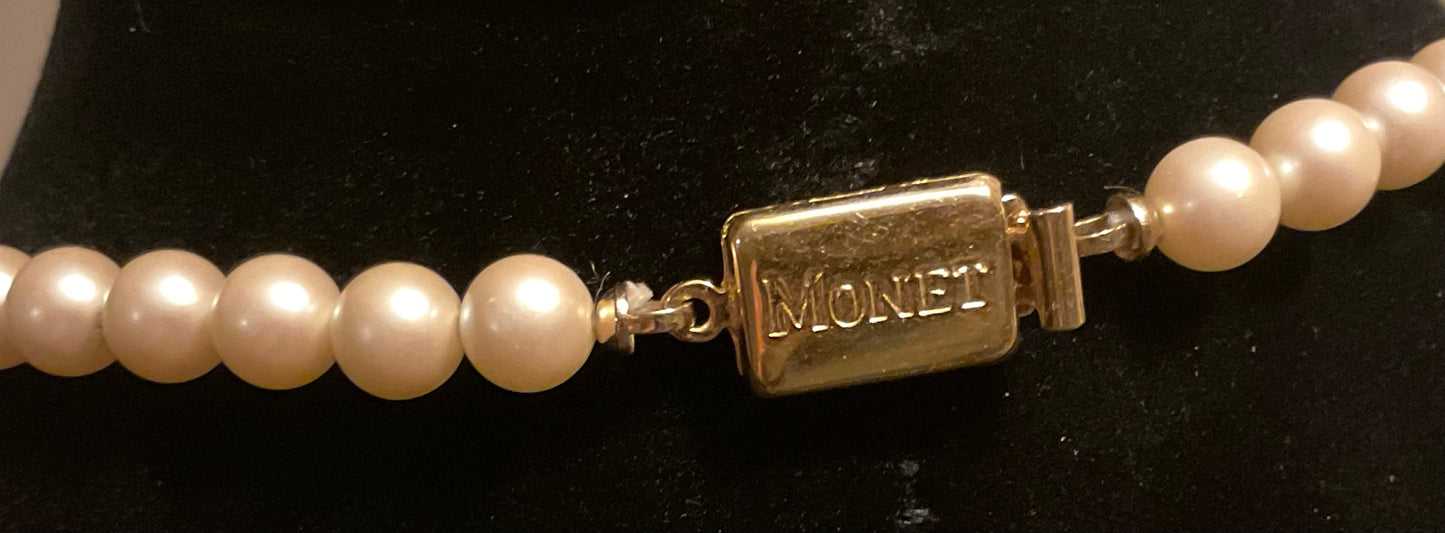 Vintage Monet Pearl Crystal Heart Necklace