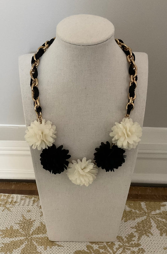 Talbots Black White Fabric Flower Statement Necklace