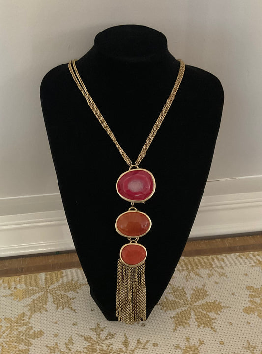 Vintage Chico’s Red Orange Gold Stone Tassel Necklace