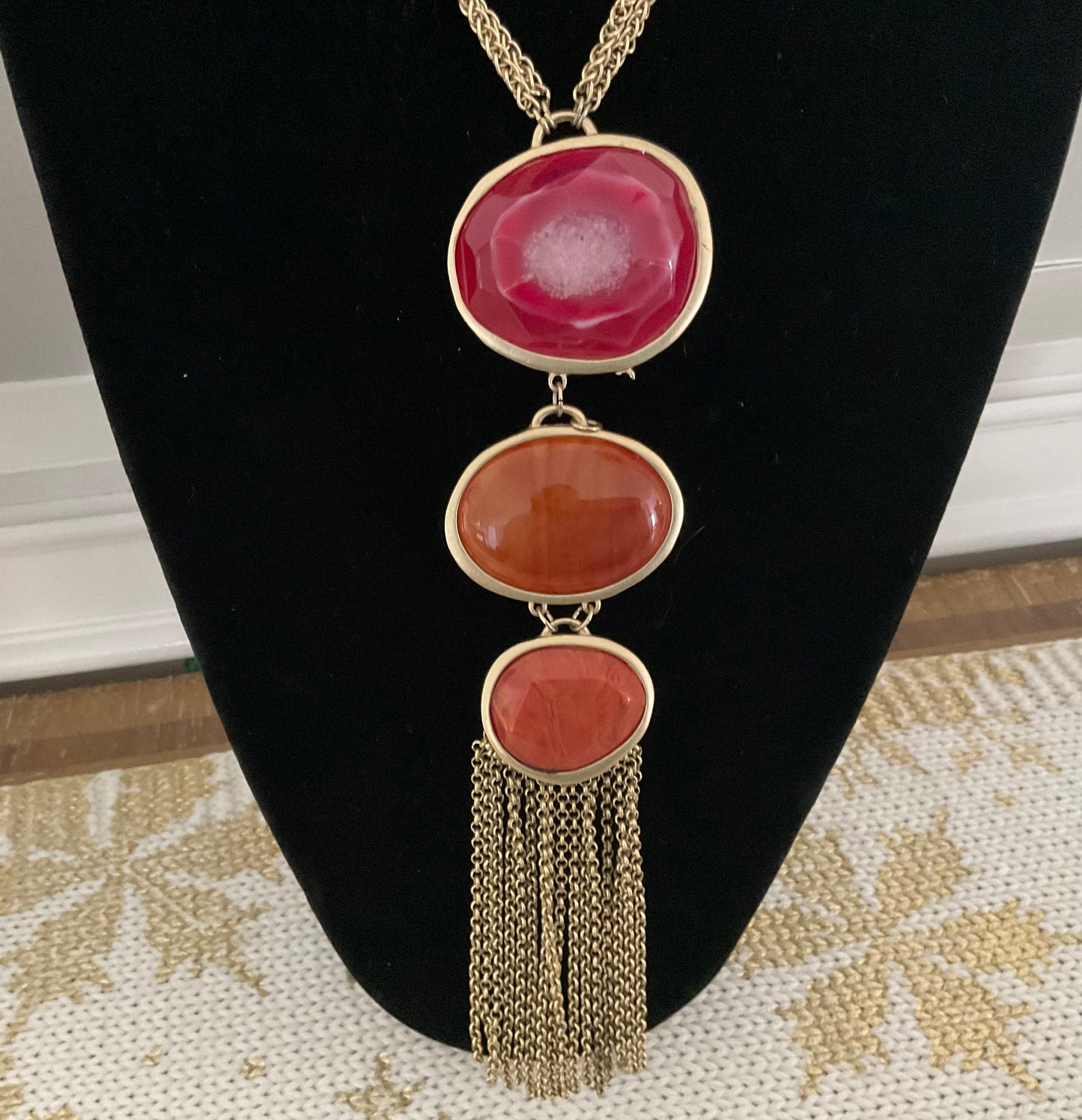Vintage Chico’s Red Orange Gold Stone Tassel Necklace