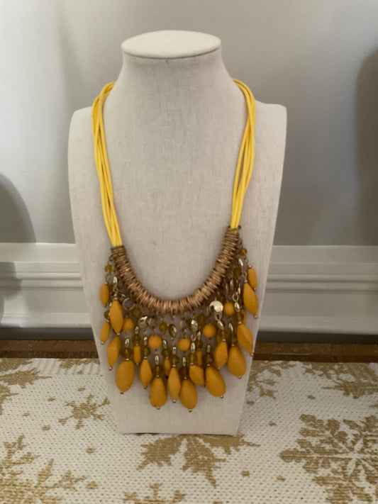Vintage Yellow & Gold Bib Dangle Rope Strand Necklace