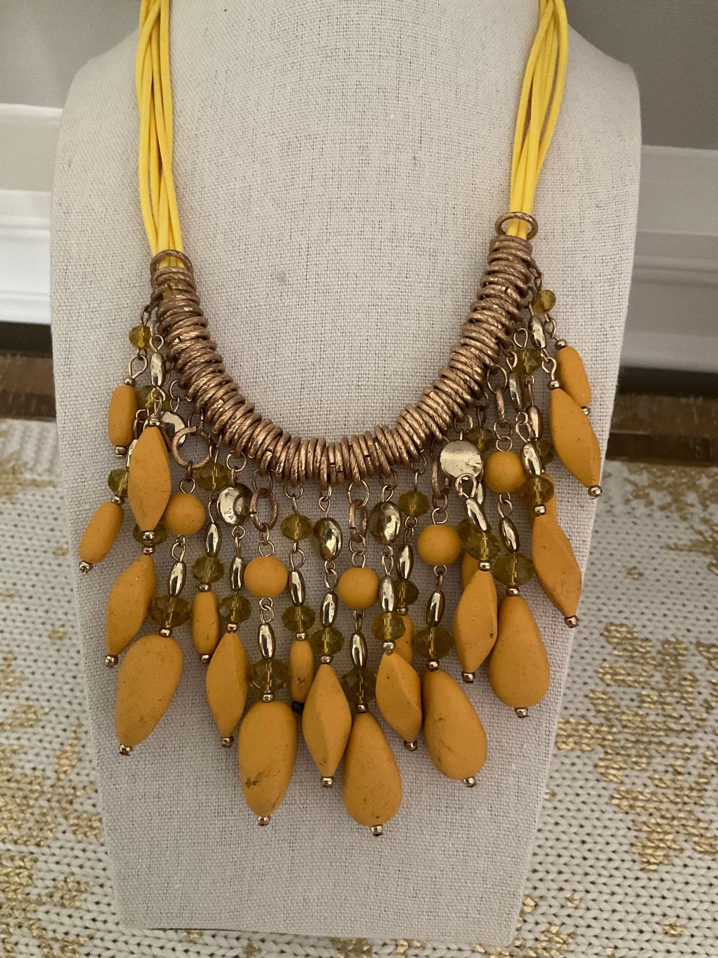 Vintage Yellow & Gold Bib Dangle Rope Strand Necklace