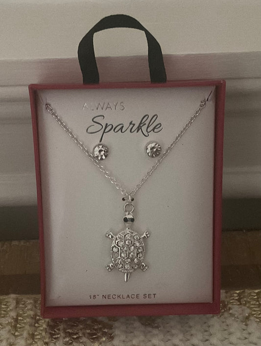 Vintage Macy’s CZ Silver Turtle Necklace & Earrings Set