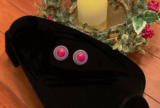 1980s Round Velvet Purple Fuschia Gold Tone Button Clip On Earrings