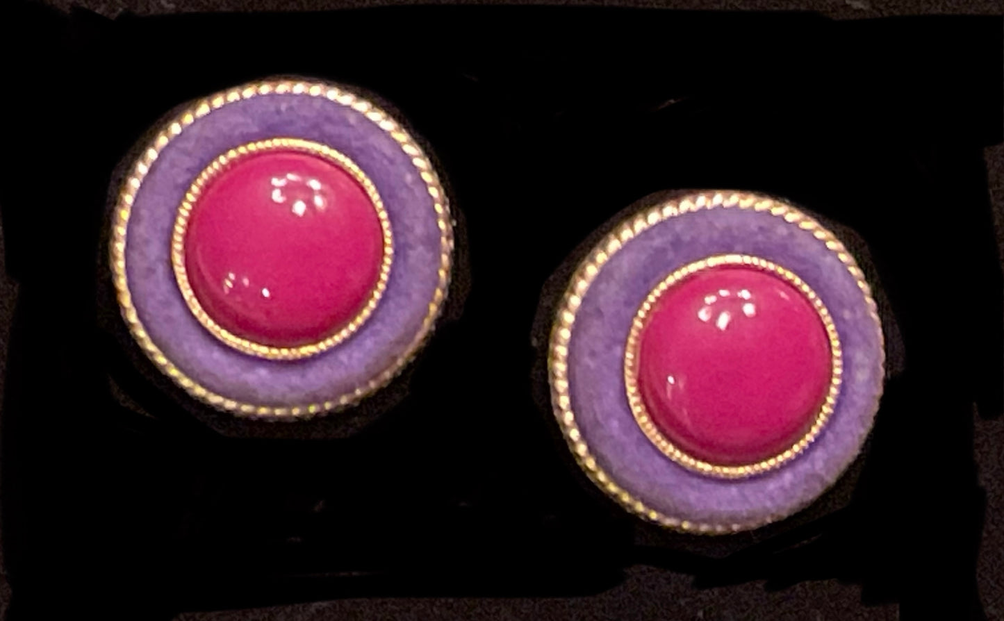 1980s Round Velvet Purple Fuschia Gold Tone Button Clip On Earrings