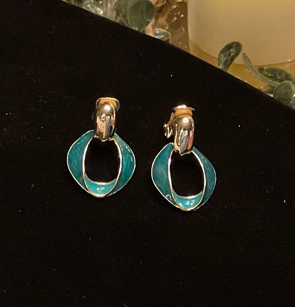 Vintage Green & Goldtone Enameled Door Knocker Earrings