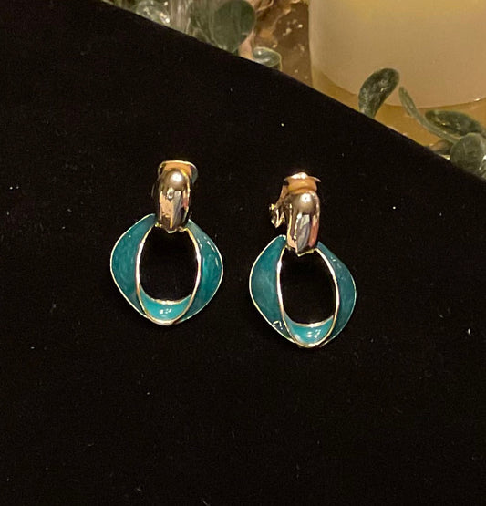 Vintage Green & Goldtone Enameled Door Knocker Earrings
