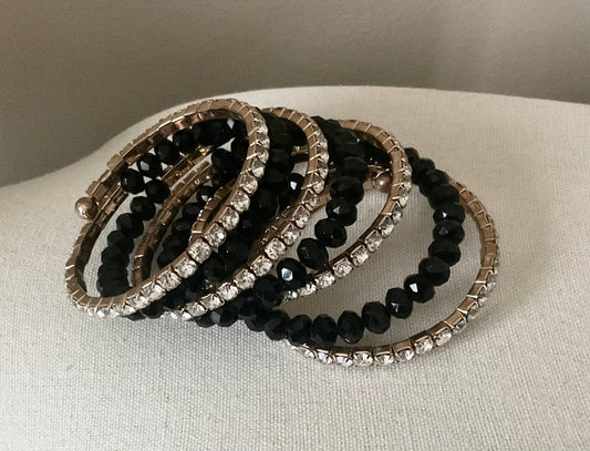 Faceted Black Stone & Crystal Stack Stretch Bracelet