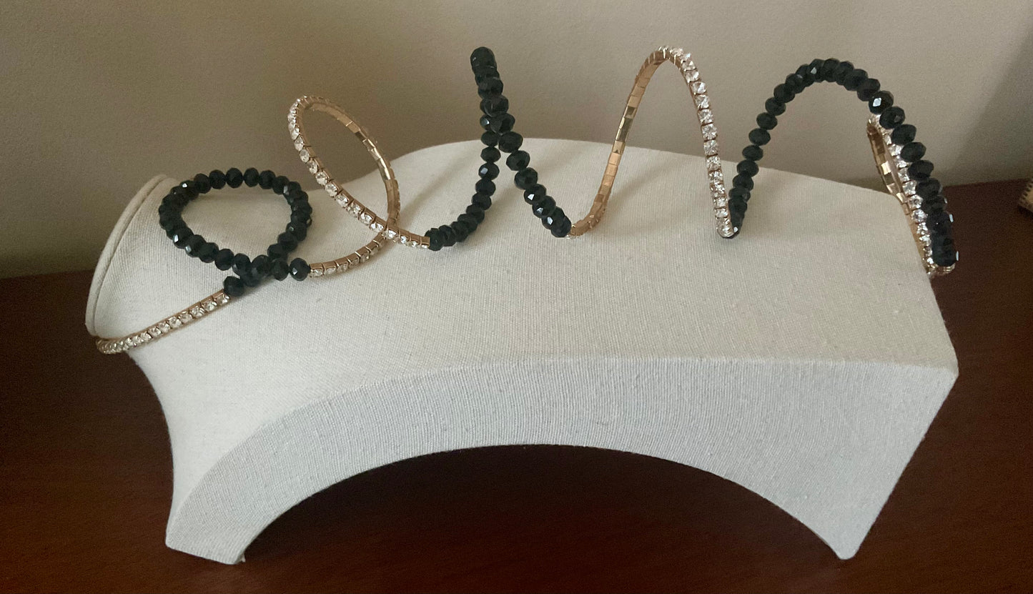 Faceted Black Stone & Crystal Stack Stretch Bracelet