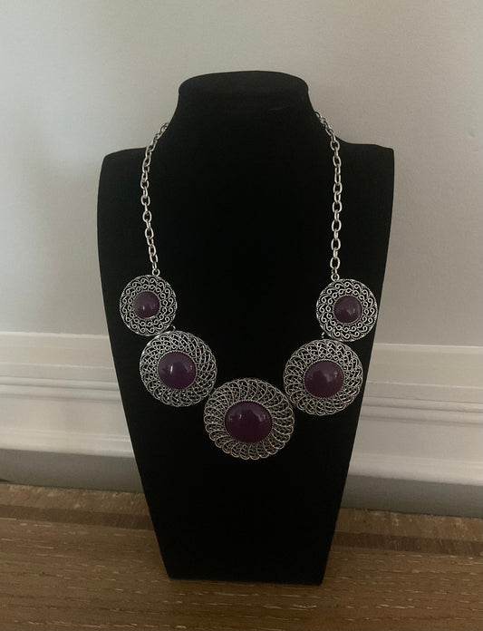Vintage Silver & Purple Circle Medallion Necklace
