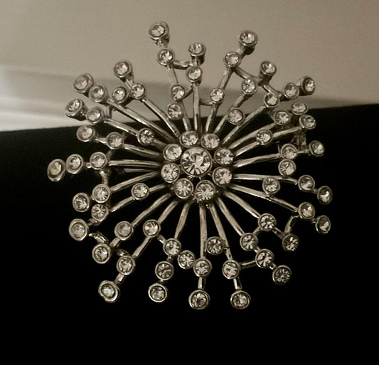 Vintage Starburst Rhinestone Silvertone Brooch