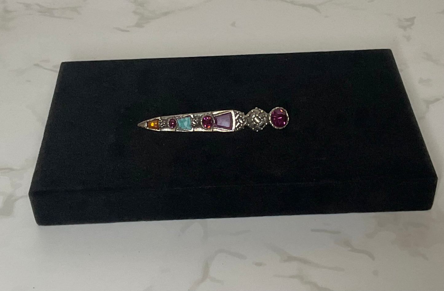 Vintage Signed Miracle Scottish Celtic Gemstone Large Silver Sword Brooch