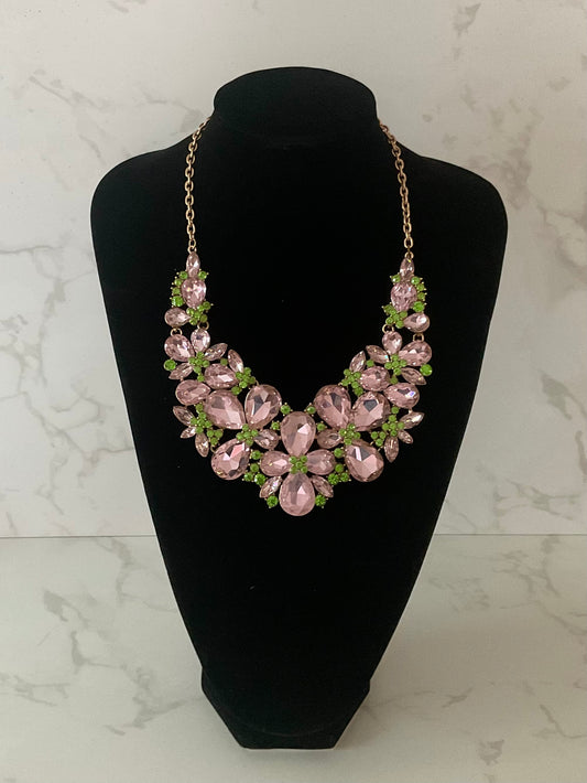 Dazzling Pink Green Faceted Crystal Bib Statement Necklace