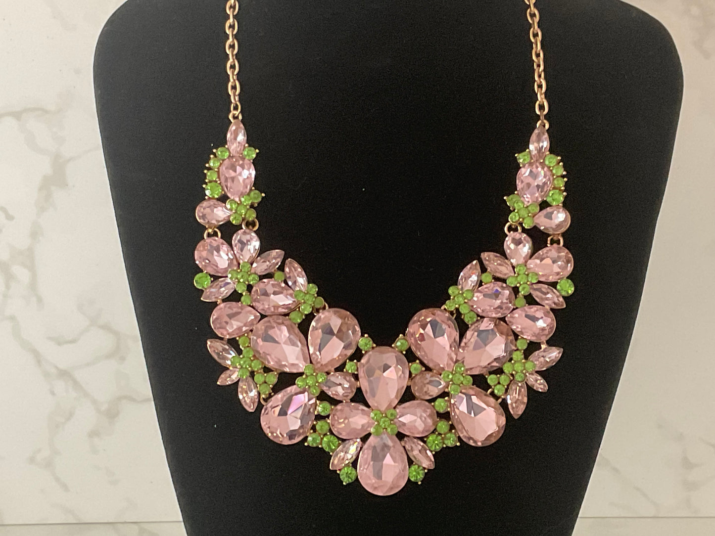 Dazzling Pink Green Faceted Crystal Bib Statement Necklace
