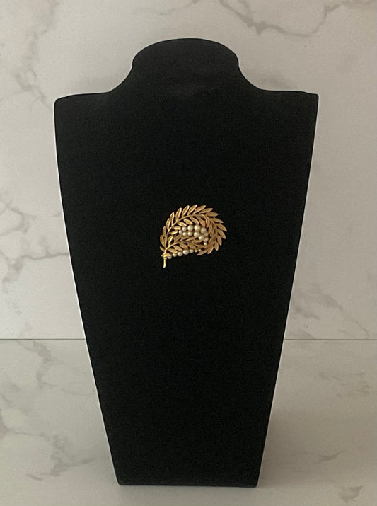 Vintage Gold Seed Pearl Leaf Brooch