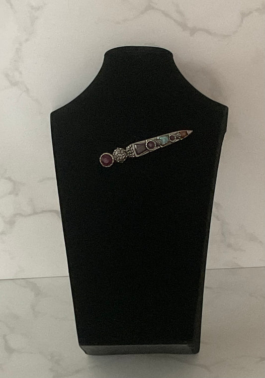 Vintage Signed Miracle Scottish Celtic Gemstone Large Silver Sword Brooch