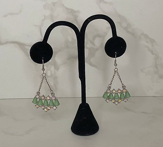 1980s Iridescent Crystal Green Stone Chandelier Earrings