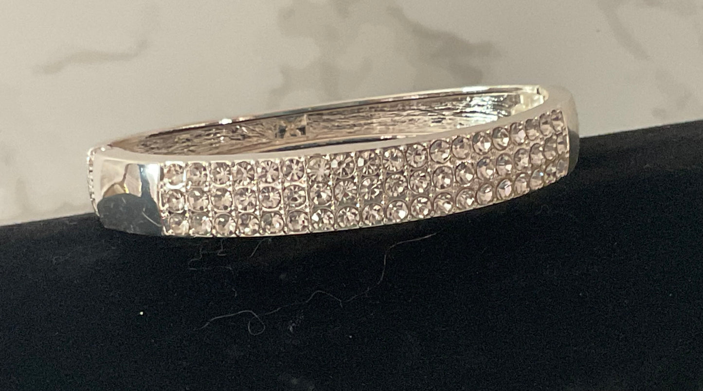 Silver Rhinestone Hinged Bangle Bracelet