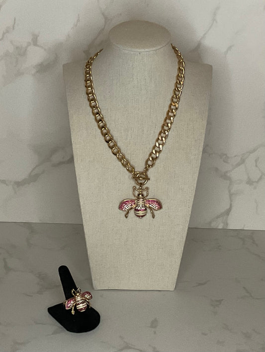 Gold Pink Ivory Crystal Bee Toggle Necklace & Ring Set