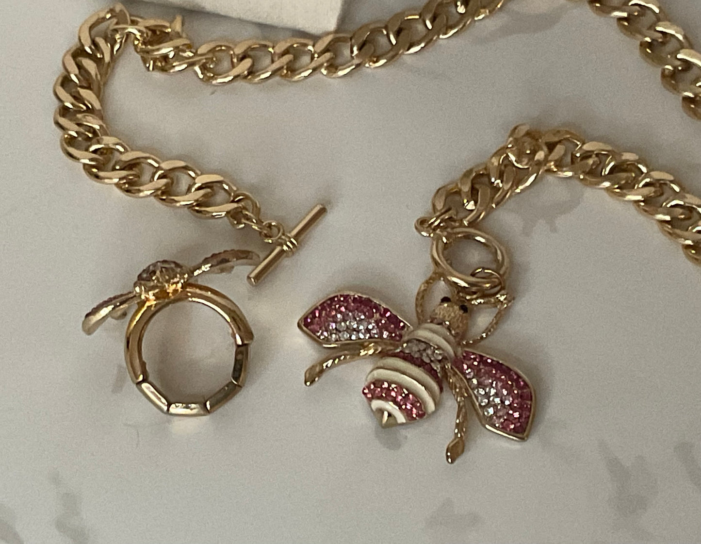 Gold Pink Ivory Crystal Bee Toggle Necklace & Ring Set