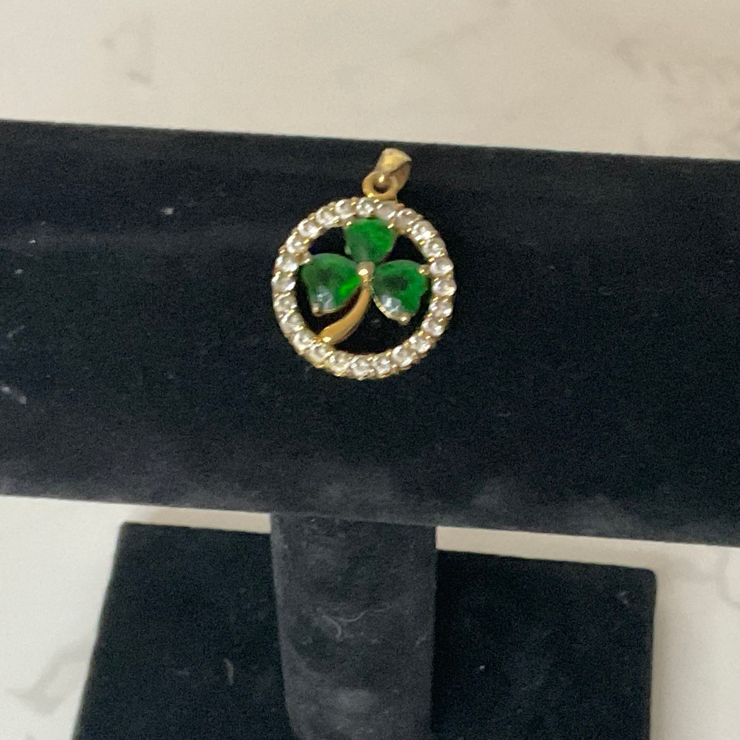 Vintage Shamrock Lucky Clover Goldtone & Crystal Pendant
