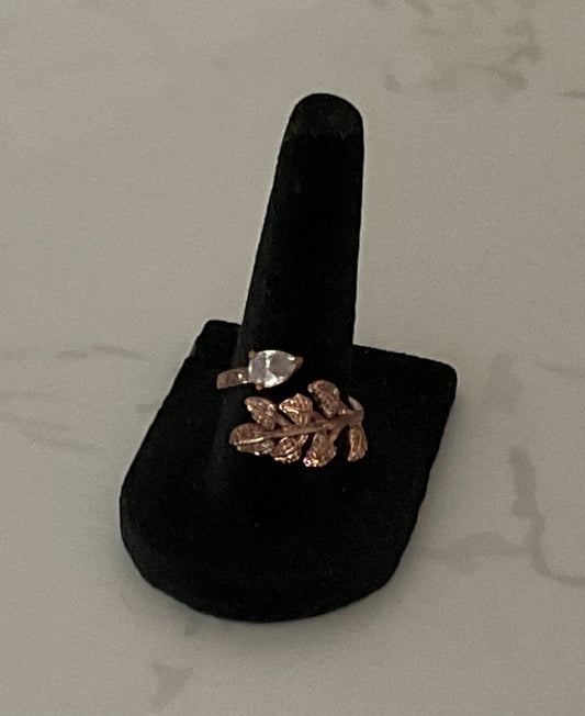 Vintage Rose Gold Crystal Leaf Ring