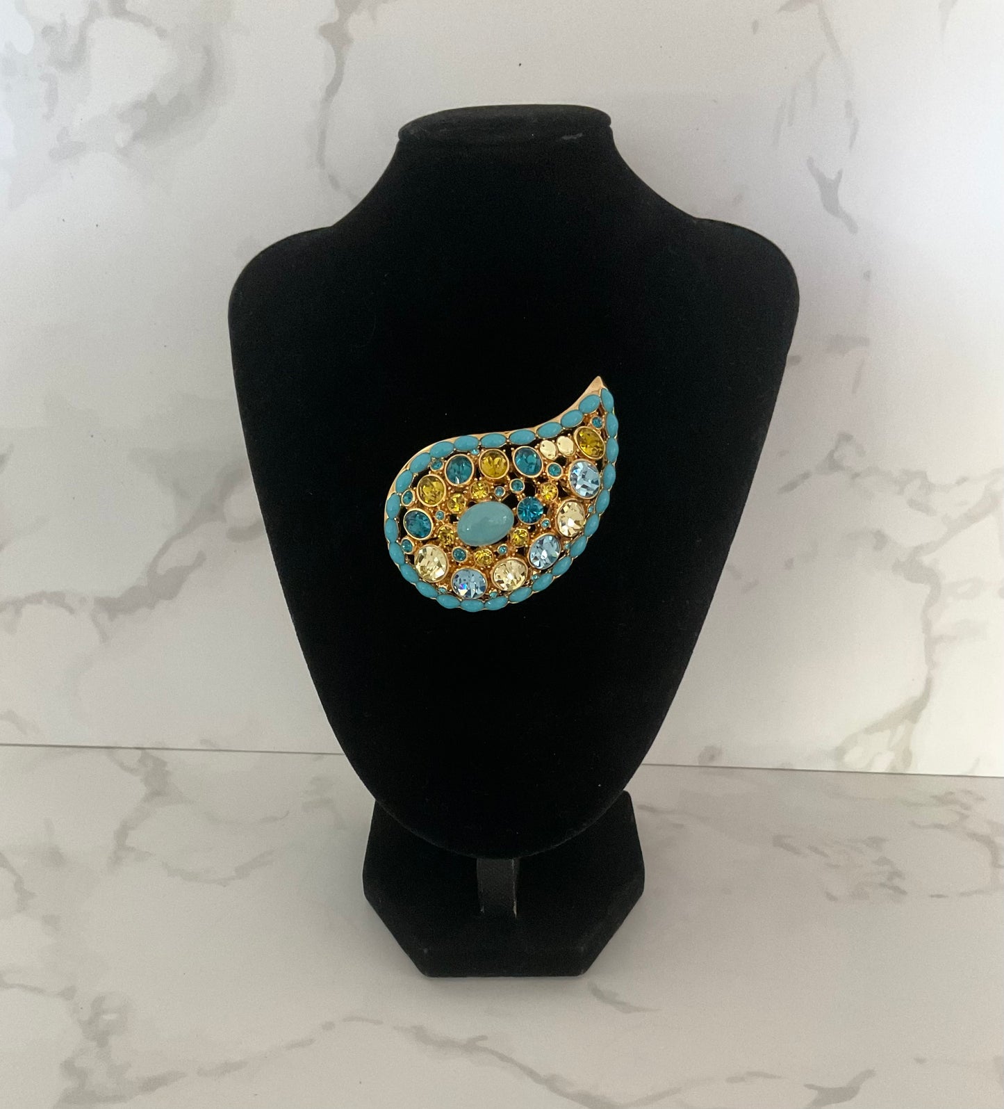 Joan Rivers Blue Turquoise Crystal Gold Tone Statement Brooch