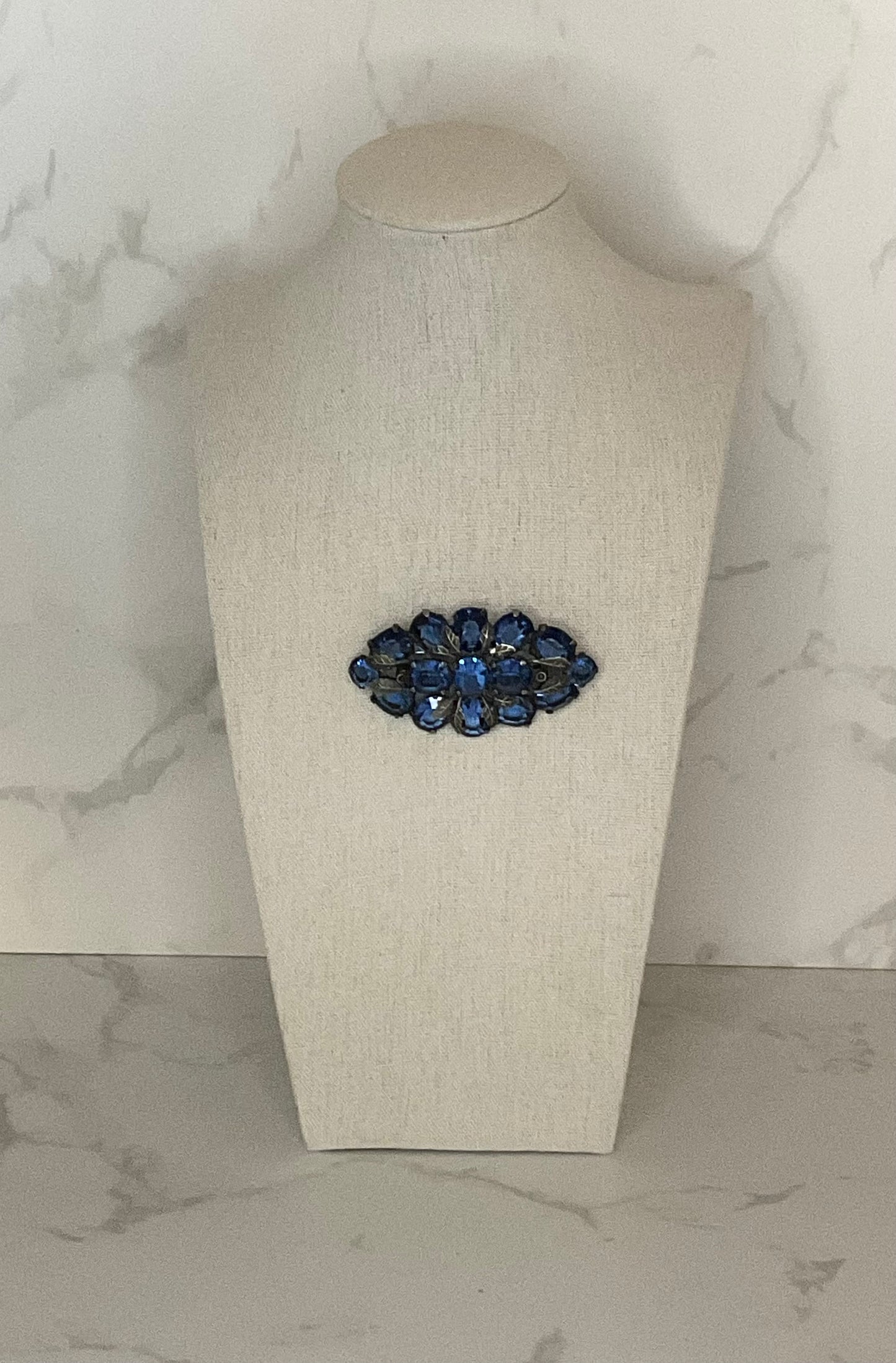 1940s Czech Blue Crystal & Silver Leaf Rhinestone Brooch