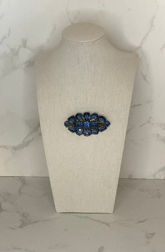 1940s Czech Blue Crystal & Silver Leaf Rhinestone Brooch
